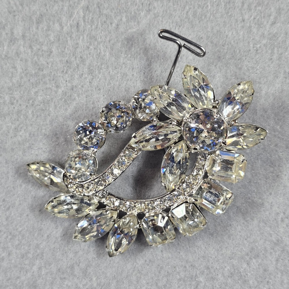 Vintage Eisenberg Rhinestone Brooch Silver Tone Floral Wreath Signed Mid Century - Picture 2 of 7